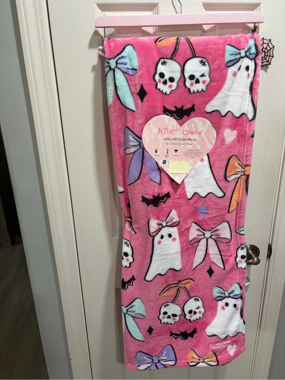 Betsey Johnson Pink Plush Throw Blanket with Ghosts, Skulls & Bows